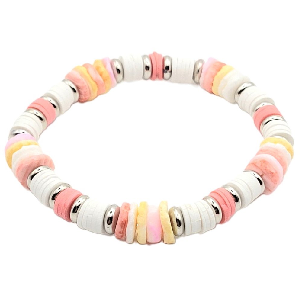 Polymer Clay Heishi and Natural Shell Stretch Bracelet - Tropical Vibes